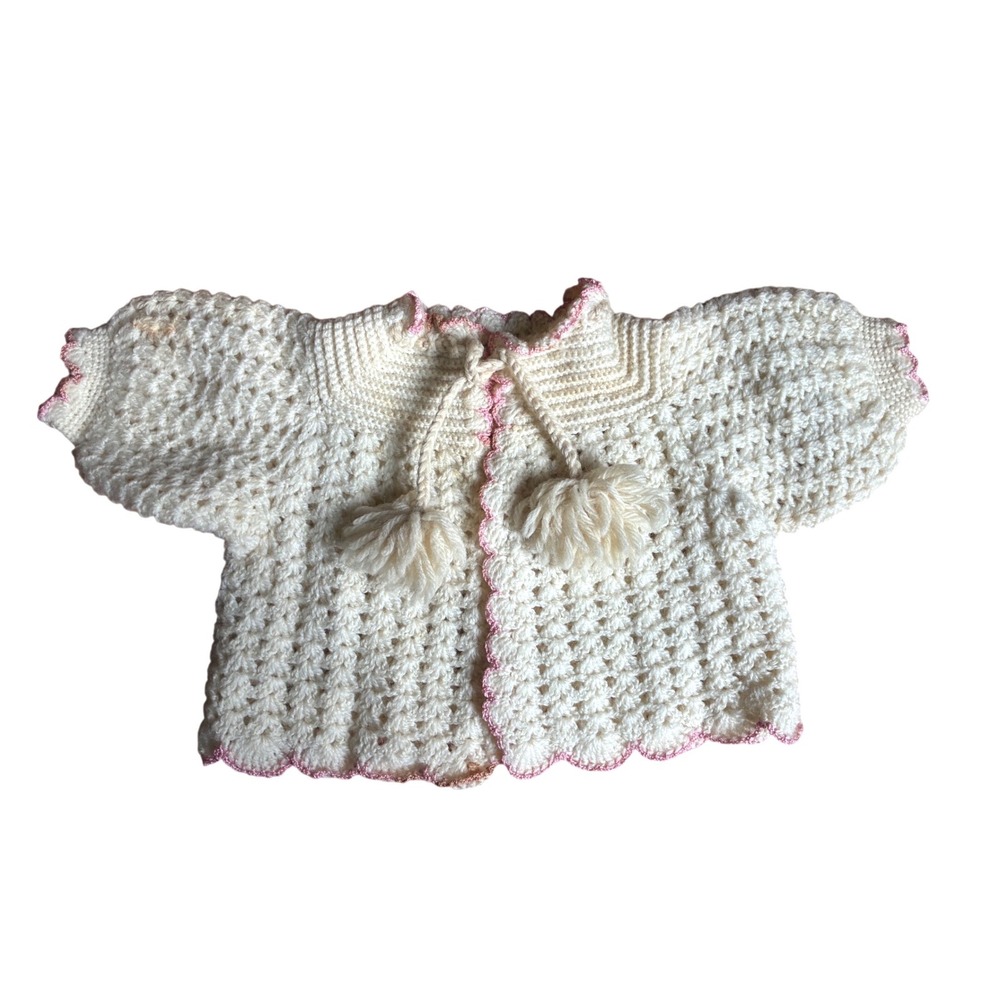 Vintage Handmade Crochet Baby Cardigan Cream Pink Pom Pom Short Sleeve Sweater